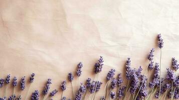 knippa av lavendel- blommor. lavendel- torr lila blommor. minimal platt lägga, kopia Plats bakgrund. ai genererad foto