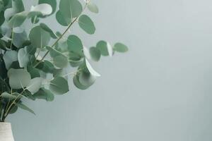 löv på en vägg. platt lat av eukalyptus grön grenar. ai genererad foto