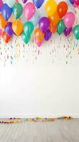 färgrik ballonger och konfetti. färgrik fest ballonger med konfetti. ai genererad foto