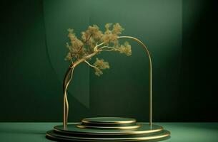 fortfarande liv med en vas grön och guld podium stå med gyllene abstrakt träd. ai genererad foto