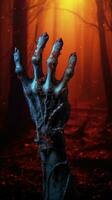 zombie hand. halloween bakgrund med zombie hand. ai genererad foto