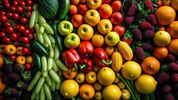 en närbild skott av färsk frukt och grönsaker anordnad i en vibrerande visa på en lokal- jordbrukare marknadsföra. ai genererad foto