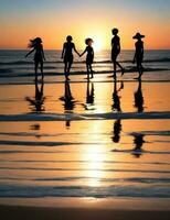 silhuetter av vänner njuter strand aktiviteter tillsammans foto