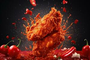 generativ ai illustration av röd chili peppar stänk med friterad kyckling på fast Färg bakgrund foto