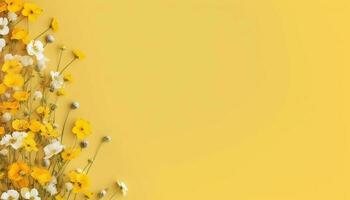 generativ ai illustration av många små skön gul blomma blommar på gul pastell bakgrund med kopia Plats foto