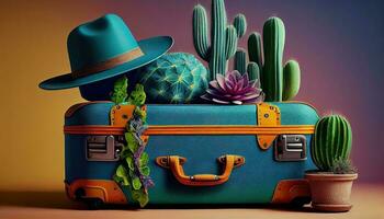generativ ai illustration av resa resväskor, mumka och sommar hatt, med krukväxter, sammansättning för turism och resa baner i ljus färger uplit, kopia Plats foto