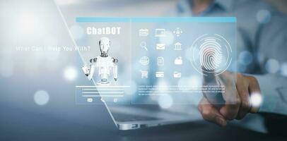 man använder sig av bärbar dator och Rör bar chatt bot chatt med ai, artificiell intelligens, system artificiell intelligens ett artificiell intelligens chatbot, digital chatbot, robot Ansökan, konversation foto