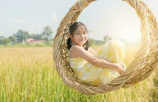 Lycklig flicka sitter i korg- gunga bland de gyllene ris fält. foto