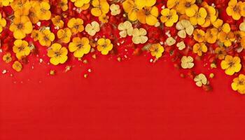 generativ ai illustration av många små skön gul blomma blommar på röd pastell bakgrund med kopia Plats. foto
