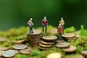 generativ ai illustration av miniatyr- siffror människor stå på mynt. äldre människor och deras besparingar, pension foto