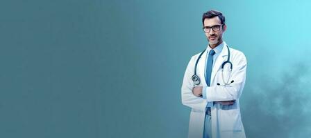 generativ ai illustration av de medicinsk porträtt bär en stetoskop över en blå bakgrund, i de stil av bokeh panorama foto