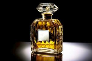 generativ ai illustration av en parfym flaska, uttrycker ljuv romantik, visa de smak av adel, klass, lyx med gul och svart färger foto