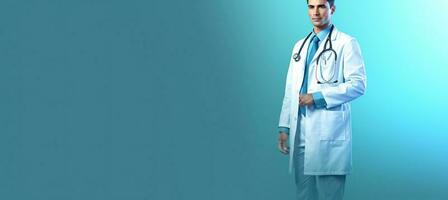 generativ ai illustration av de medicinsk porträtt bär en stetoskop över en blå bakgrund, i de stil av bokeh panorama foto