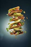 generativ ai illustration av flygande tacos för mat kommersiell, tom bakgrund foto