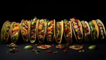 generativ ai illustration av tacos, många poserar, på de mörk bakgrund foto