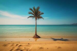 handflatan träd på ett tömma strand fotografi generativ ai foto