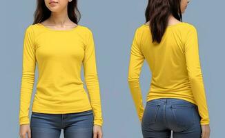 kvinna bär en gul t-shirt med lång ärmar. främre och tillbaka se. ai genererad foto