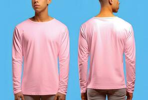 man bär en rosa t-shirt med lång ärmar. främre och tillbaka se. ai genererad foto