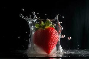 färsk röd jordgubbar isolerat på svart bakgrund i spray och ström av vatten. ai genererad foto