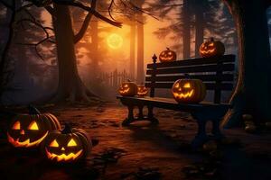 generativ ai illustration av en läskigt skog solnedgång med en besatt ondska lysande ögon av domkraft o' lyktor på de vänster av en trä- bänk på en skrämmande halloween natt foto