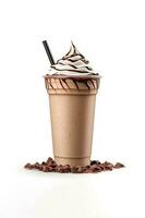 choklad milkshake i plast hämtmat kopp isolerat på vit bakgrund. ai genererad foto