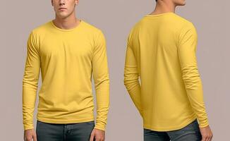 man bär en gul t-shirt med lång ärmar. främre och tillbaka se. ai genererad foto