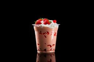 jordgubb milkshake i plast hämtmat kopp isolerat på svart bakgrund. ai genererad foto