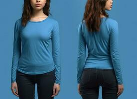 kvinna bär en blå t-shirt med lång ärmar. främre och tillbaka se. ai genererad foto