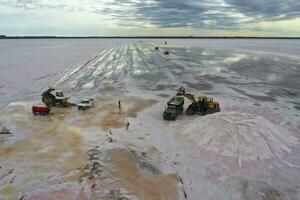 salt skörda i salt lagun mina, saliner grandes de hidalgo, la pampa, patagonien, argentina. foto