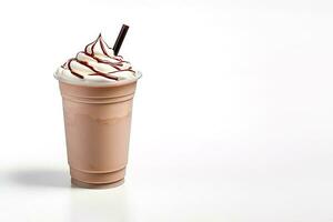 choklad milkshake i plast hämtmat kopp isolerat på vit bakgrund med kopia Plats. ai genererad foto