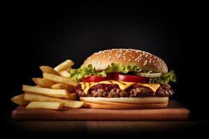 färsk gott burger och franska frites på mörk bakgrund. ai genererad foto