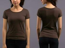 Foto realistisk kvinna brun t-tröjor med kopia Plats, främre, och tillbaka se. ai genererad