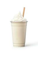 vanilj milkshake i plast hämtmat kopp isolerat på vit bakgrund. ai genererad foto