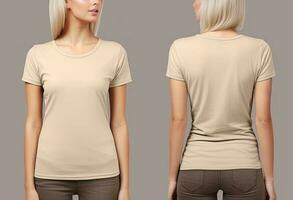 Foto realistisk kvinna beige t-tröjor med kopia Plats, främre, och tillbaka se. ai genererad