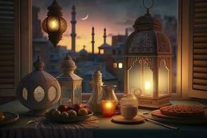 arab homestyle med iftar maträtter är placerad på en middag tabell med skön lykta dekorationer. generativ ai foto