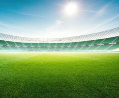 fotboll stadion med grön fält. generativ ai foto