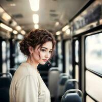 skön kvinna stående inuti offentlig buss transport, generativ ai foto