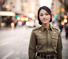 Foto av asiatisk kvinna i thai polis officer enhetlig, generativ ai