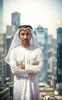 rik arab affärsman i traditionell vit utrusta i stor stad i bakgrund, generativ ai foto