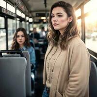 skön kvinna stående inuti offentlig buss transport, generativ ai foto