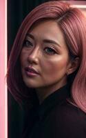 skön asiatisk kvinna med färgrik neon natt ljus, generativ ai foto