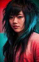 porträtt Foto av skön Tonårs asiatisk kvinna med trender frisyr i mörk rum med ljus i bakgrund, generativ ai