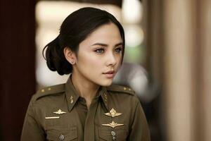Foto av asiatisk kvinna i thai polis officer enhetlig, generativ ai