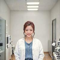 Foto av asiatisk kvinna i vit labb täcka på modern laboratorium, generativ ai