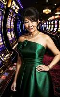 mitten åldrig asiatisk kvinna på lyx kasino, generativ ai foto