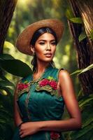 skön äventyr latin kvinna med djungel skog i de bakgrund, generativ ai foto