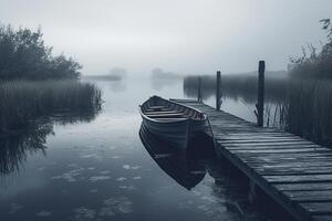 ai generativ. morgon- på de flod. båt på de pir. foto