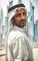rik arab affärsman i traditionell vit utrusta i stor stad i bakgrund, generativ ai foto