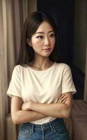 skön asiatisk kvinna på bekvämlighet sovrum, generativ ai foto
