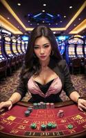 skön asiatisk kvinna med lyx klänning i stor kasino spelande, generativ ai foto